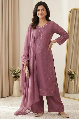 Mauve colour mal chanderi mirror work kurta palazzo set with organza dupatta