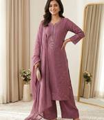 Mauve colour mal chanderi mirror work kurta palazzo set with organza dupatta