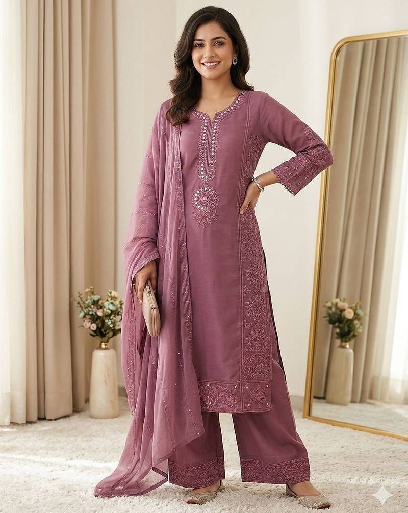 Mauve colour mal chanderi mirror work kurta palazzo set with organza dupatta