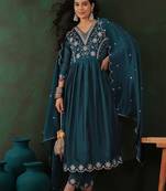 teal floral embroidered v-neck tread work anarkali kurta & trouser with dupatta