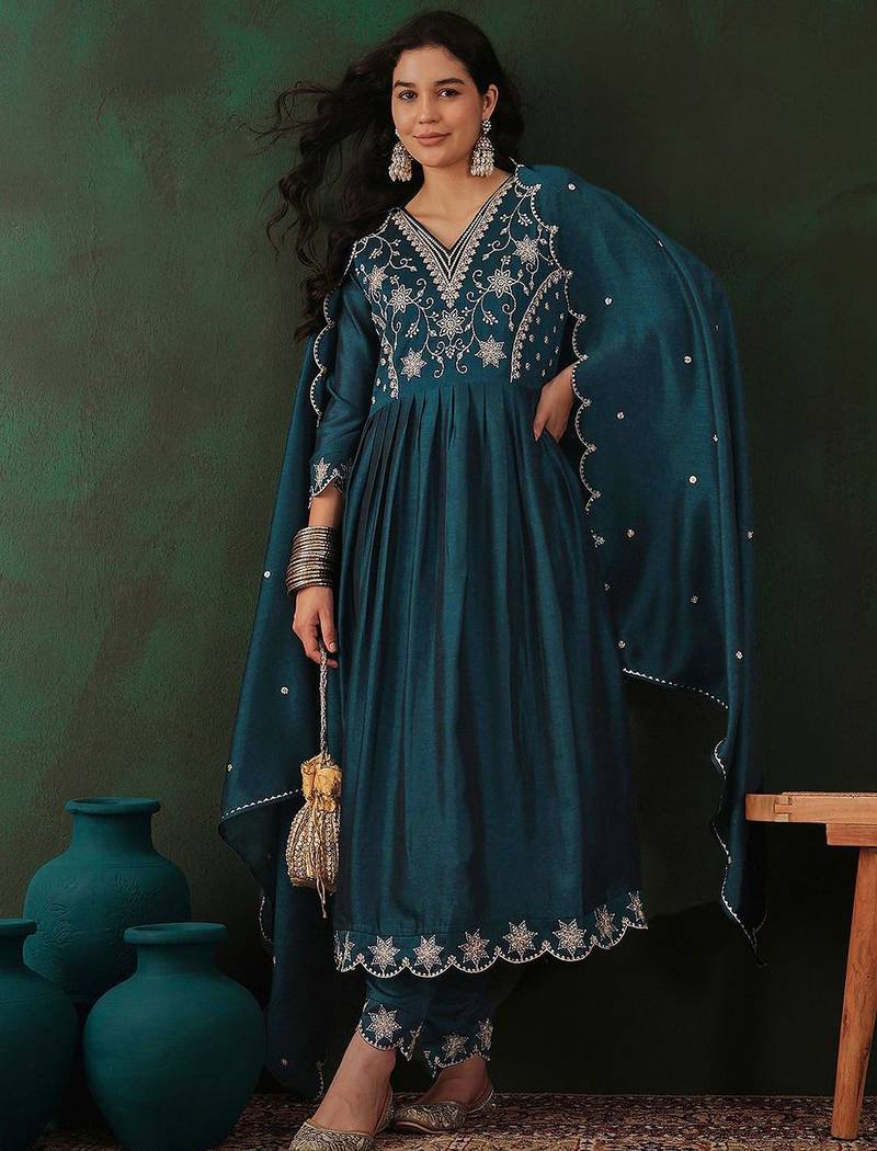 teal floral embroidered v-neck tread work anarkali kurta & trouser with dupatta
