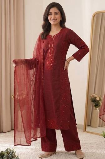 Maroon colour mal chanderi mirror work kurta palazzo set with organza dupatta