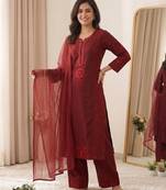 Maroon colour mal chanderi mirror work kurta palazzo set with organza dupatta