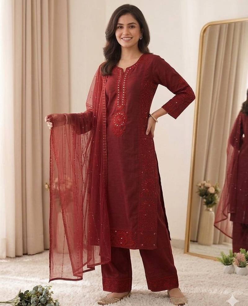 Maroon colour mal chanderi mirror work kurta palazzo set with organza dupatta