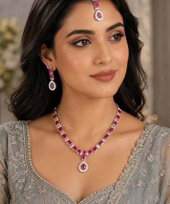 Maroon color necklace set with earrings & maang tikka | agate stone | rhodium plated 1
