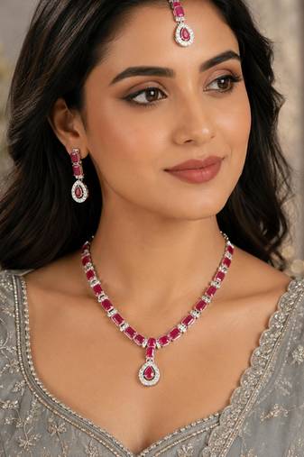 Maroon color necklace set with earrings & maang tikka | agate stone | rhodium plated