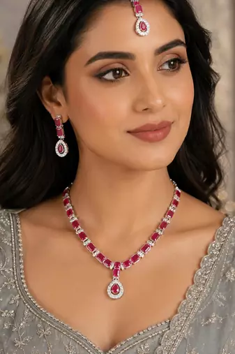 Maroon color necklace set with earrings & maang tikka | agate stone | rhodium plated