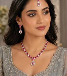 Maroon color necklace set with earrings & maang tikka | agate stone | rhodium plated