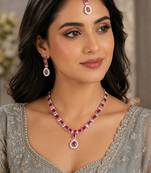Maroon color necklace set with earrings & maang tikka | agate stone | rhodium plated