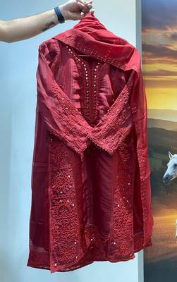 Maroon colour mal chanderi mirror work kurta palazzo set with organza dupatta 2