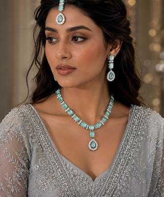 Pista color necklace set with earrings & maang tikka | agate stone | rhodium plated 1
