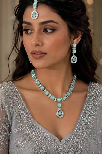 Pista color necklace set with earrings & maang tikka | agate stone | rhodium plated
