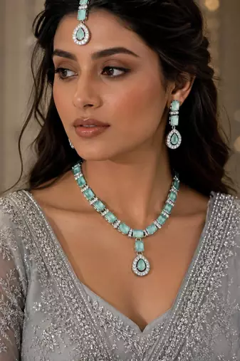 Pista color necklace set with earrings & maang tikka | agate stone | rhodium plated
