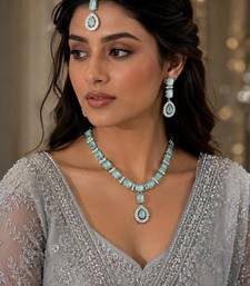 Pista color necklace set with earrings & maang tikka | agate stone | rhodium plated