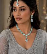 Pista color necklace set with earrings & maang tikka | agate stone | rhodium plated
