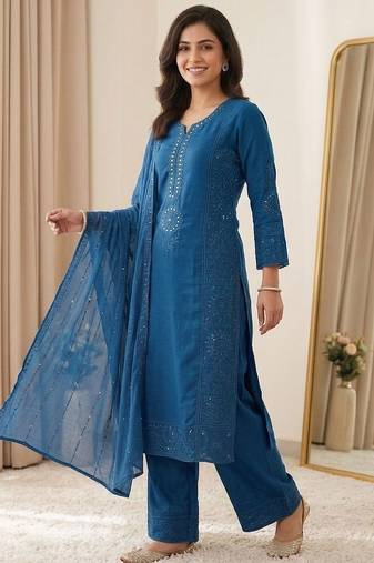 Blue colour mal chanderi mirror work kurta palazzo set with organza dupatta