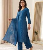 Blue colour mal chanderi mirror work kurta palazzo set with organza dupatta