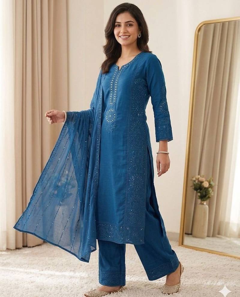 Blue colour mal chanderi mirror work kurta palazzo set with organza dupatta