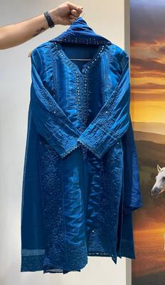 Blue colour mal chanderi mirror work kurta palazzo set with organza dupatta 2