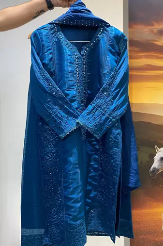 Blue colour mal chanderi mirror work kurta palazzo set with organza dupatta