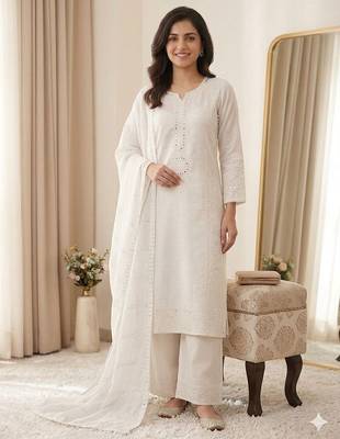 Off white colour mal chanderi mirror work kurta palazzo set with organza dupatta 1