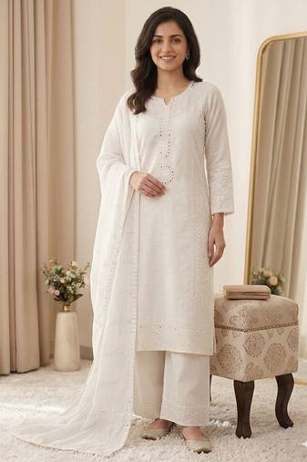 Off white colour mal chanderi mirror work kurta palazzo set with organza dupatta