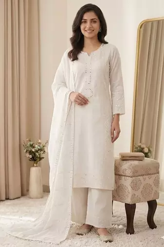 Off white colour mal chanderi mirror work kurta palazzo set with organza dupatta