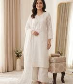 Off white colour mal chanderi mirror work kurta palazzo set with organza dupatta