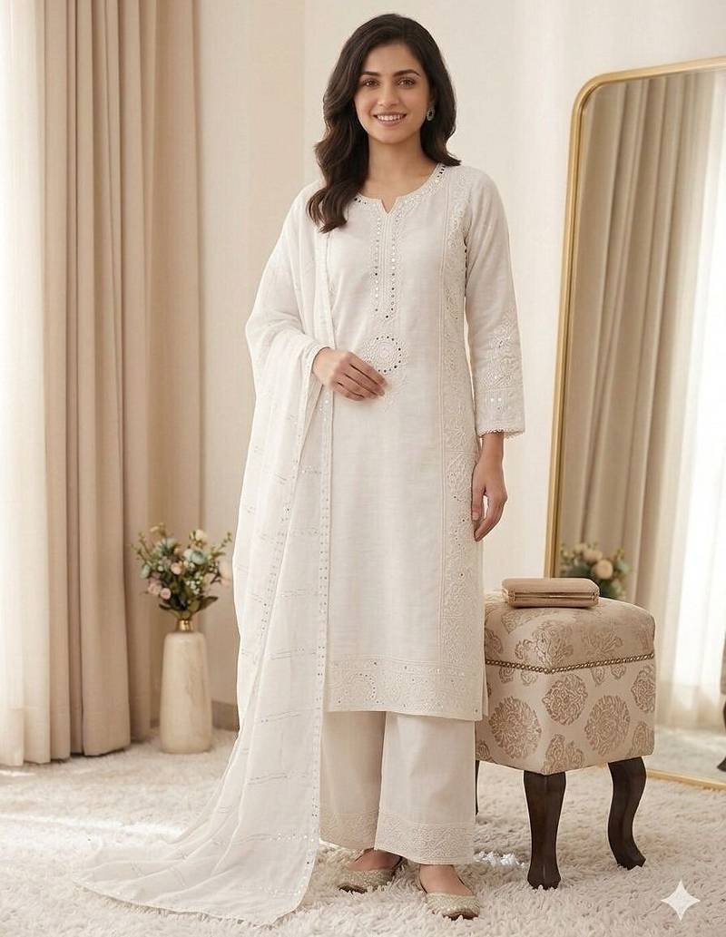 Off white colour mal chanderi mirror work kurta palazzo set with organza dupatta