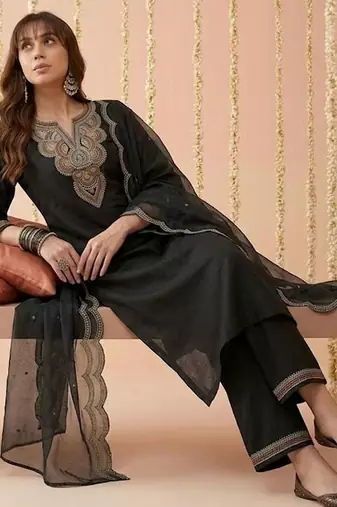 yoke design round neck silk blend kurta & trousers with dupatta