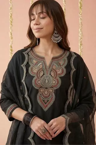 yoke design round neck silk blend kurta & trousers with dupatta