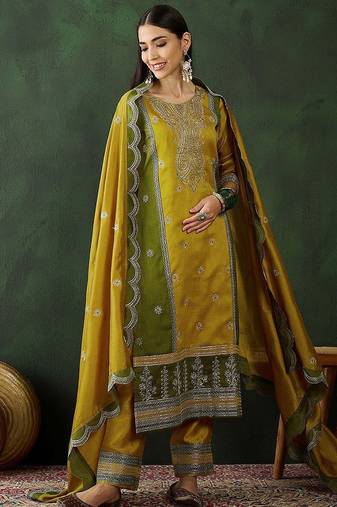 paisley embroidered regular kurta with trousers & dupatta