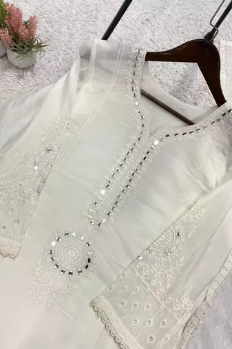 Off white colour mal chanderi mirror work kurta palazzo set with organza dupatta