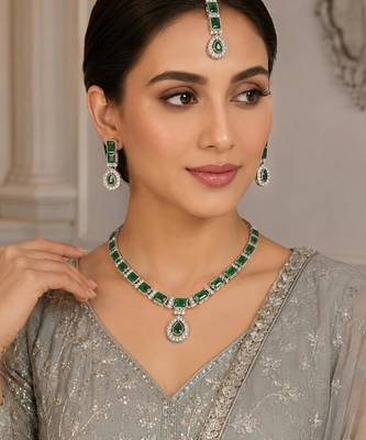 Green color necklace set with earrings & maang tikka | agate stone | rhodium plated 1