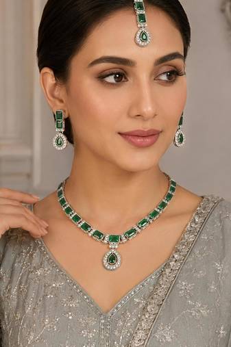 Green color necklace set with earrings & maang tikka | agate stone | rhodium plated