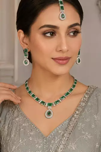 Green color necklace set with earrings & maang tikka | agate stone | rhodium plated