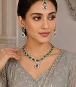 Green color necklace set with earrings & maang tikka | agate stone | rhodium plated