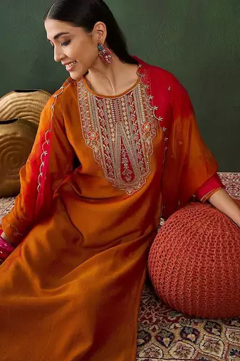 Embroidered anarkali kurta & trousers with dupatta