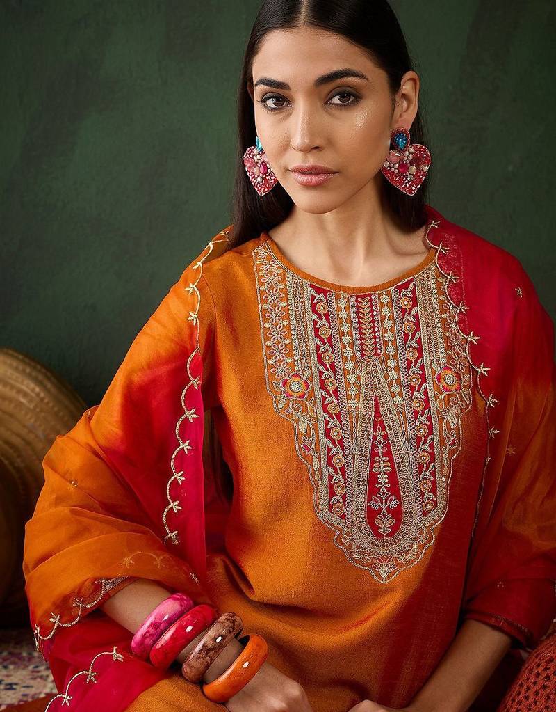 Embroidered anarkali kurta & trousers with dupatta