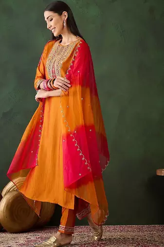 Embroidered anarkali kurta & trousers with dupatta