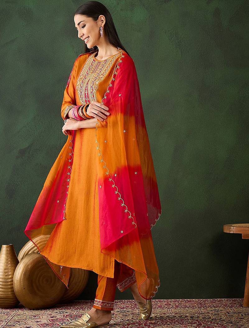 Embroidered anarkali kurta & trousers with dupatta