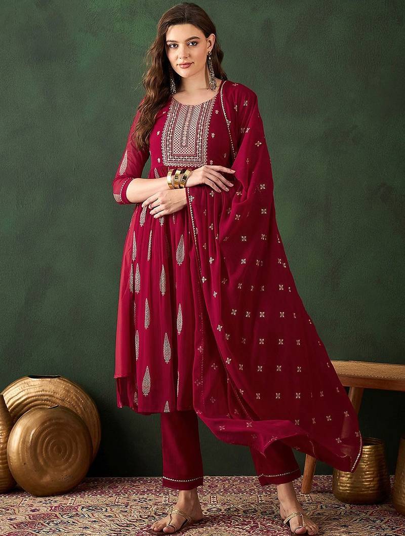 embroidered sequence plated anarkali kurta & palazzo with dupatta
