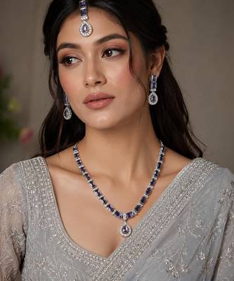 Purple color necklace set with earrings & maang tikka | agate stone | rhodium plated 1