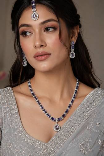 Purple color necklace set with earrings & maang tikka | agate stone | rhodium plated
