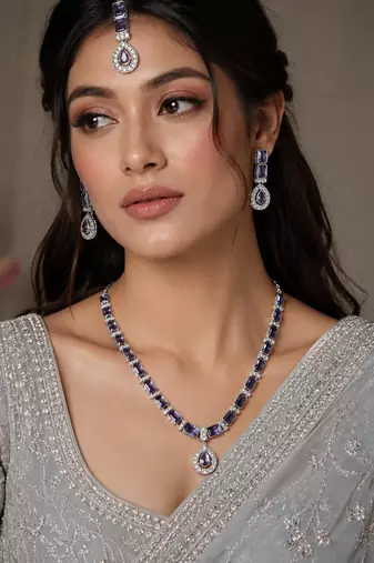 Purple color necklace set with earrings & maang tikka | agate stone | rhodium plated