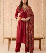 embroidered v-neck kurta & trousers with dupatta