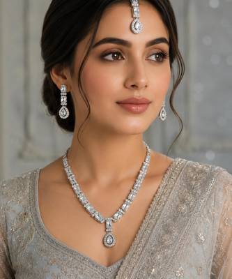 White color necklace set with earrings & maang tikka | agate stone | rhodium plated 1