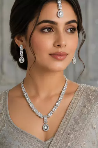 White color necklace set with earrings & maang tikka | agate stone | rhodium plated