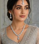 White color necklace set with earrings & maang tikka | agate stone | rhodium plated