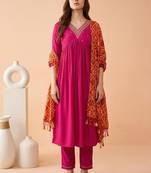 yoke design poly crepe v-neck kurta & trousers with dupatta